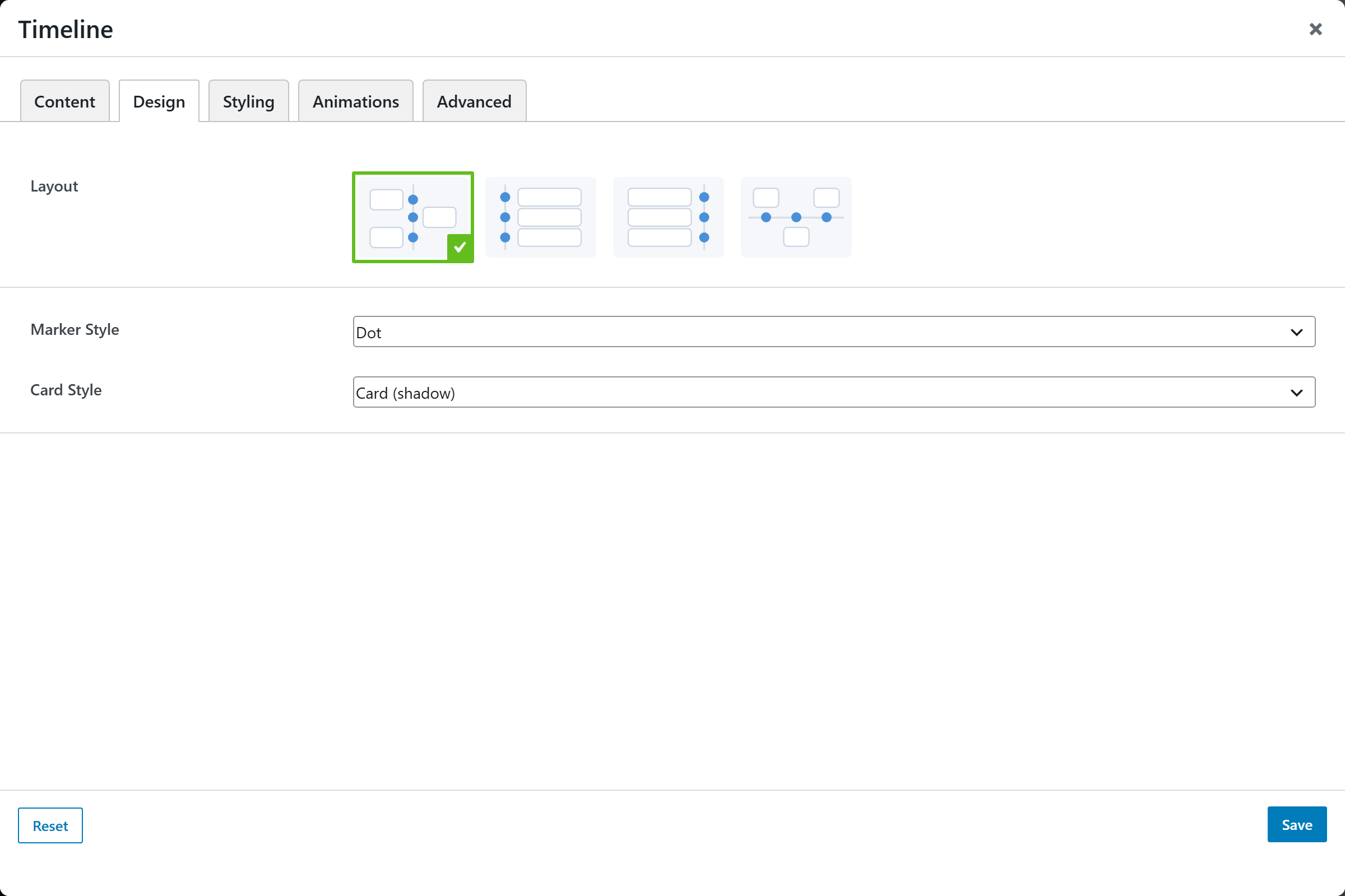 Timeline options panel — Design tab