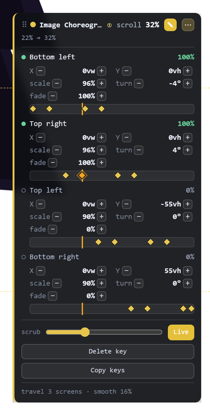 The editor with a keyframe selected — one diamond on the Top-right track is ringed in orange, the playhead sits on it, and the Delete key button is now enabled