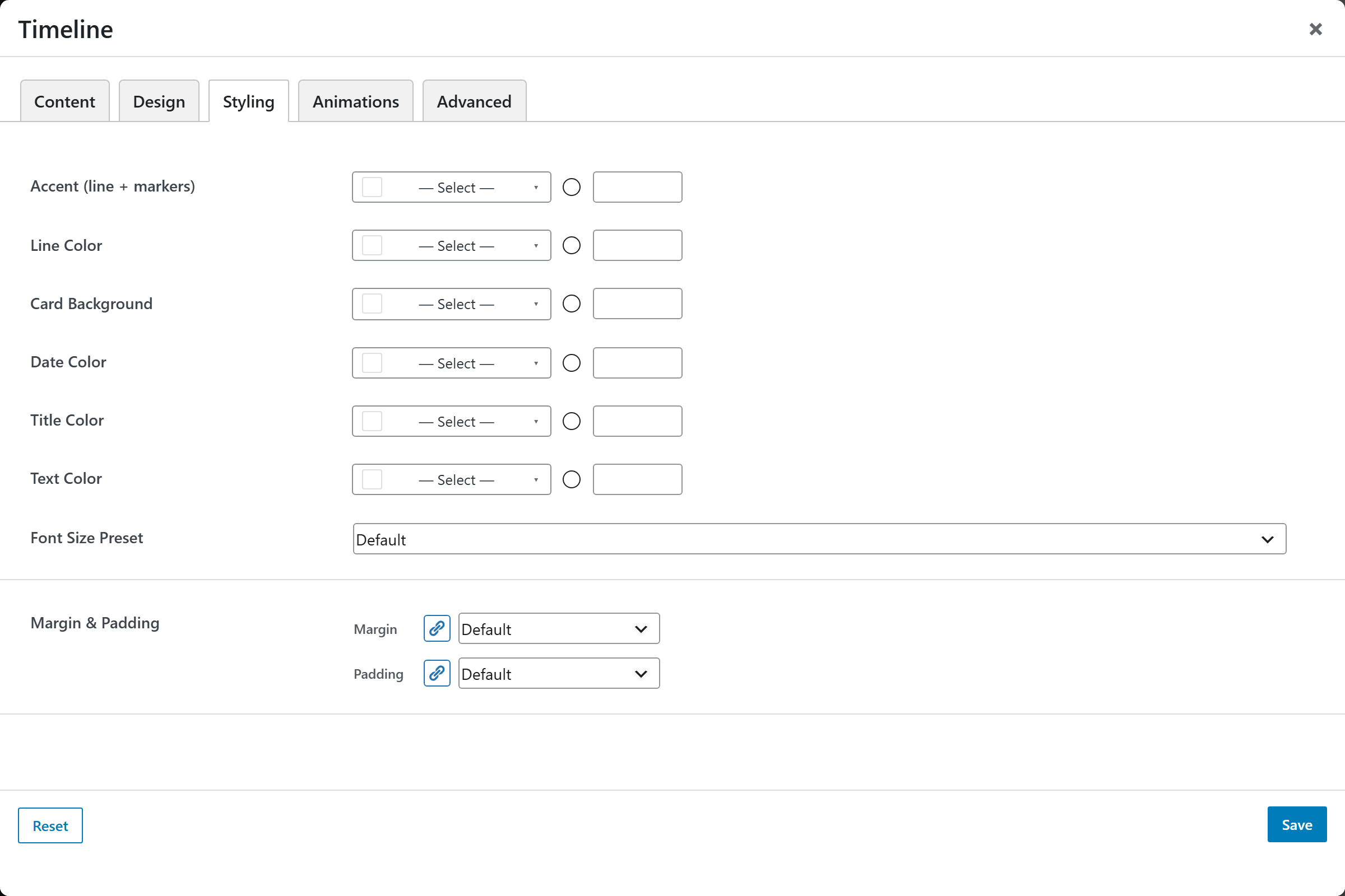 Timeline options panel — Styling tab