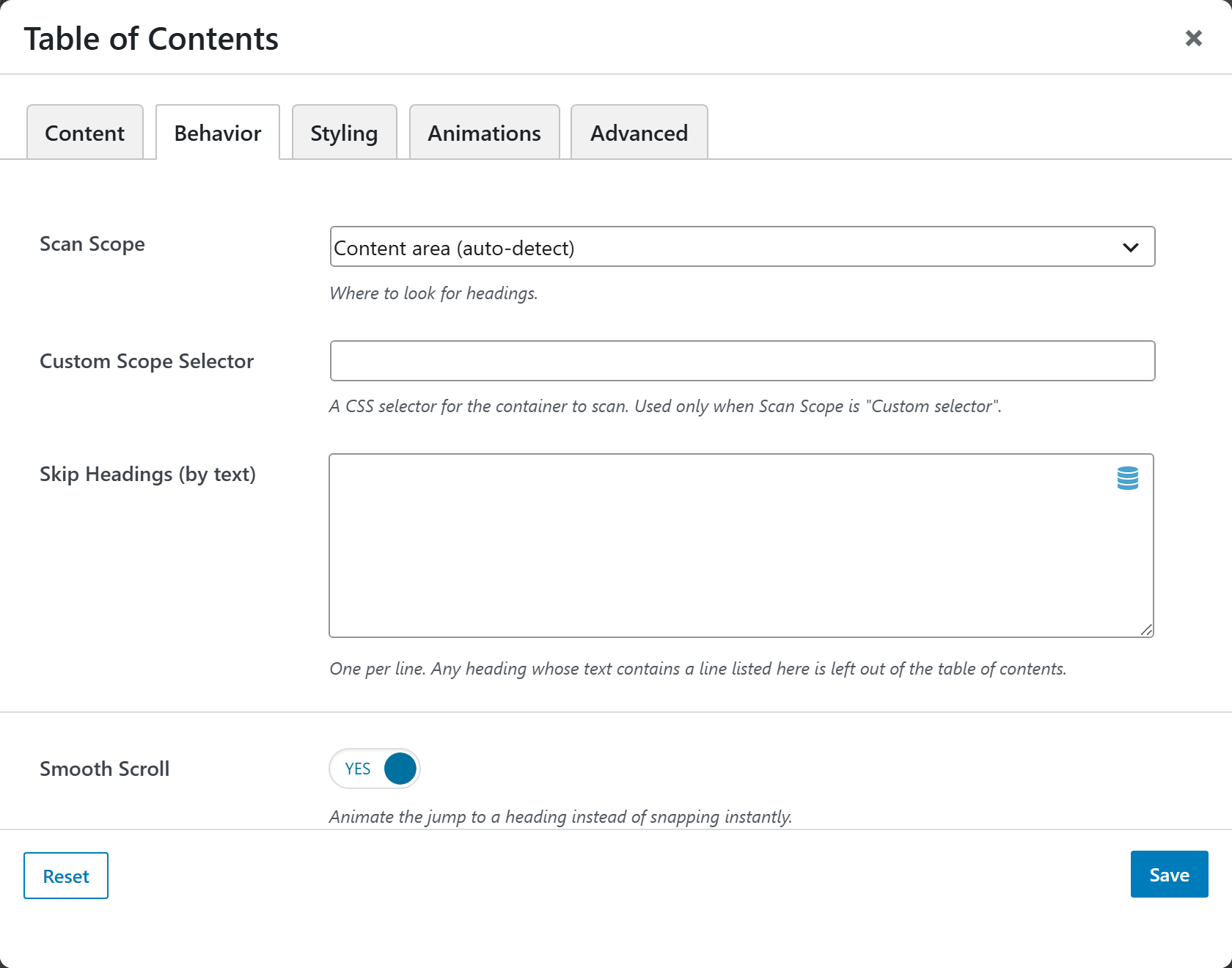 Table of Contents options panel — Behavior tab