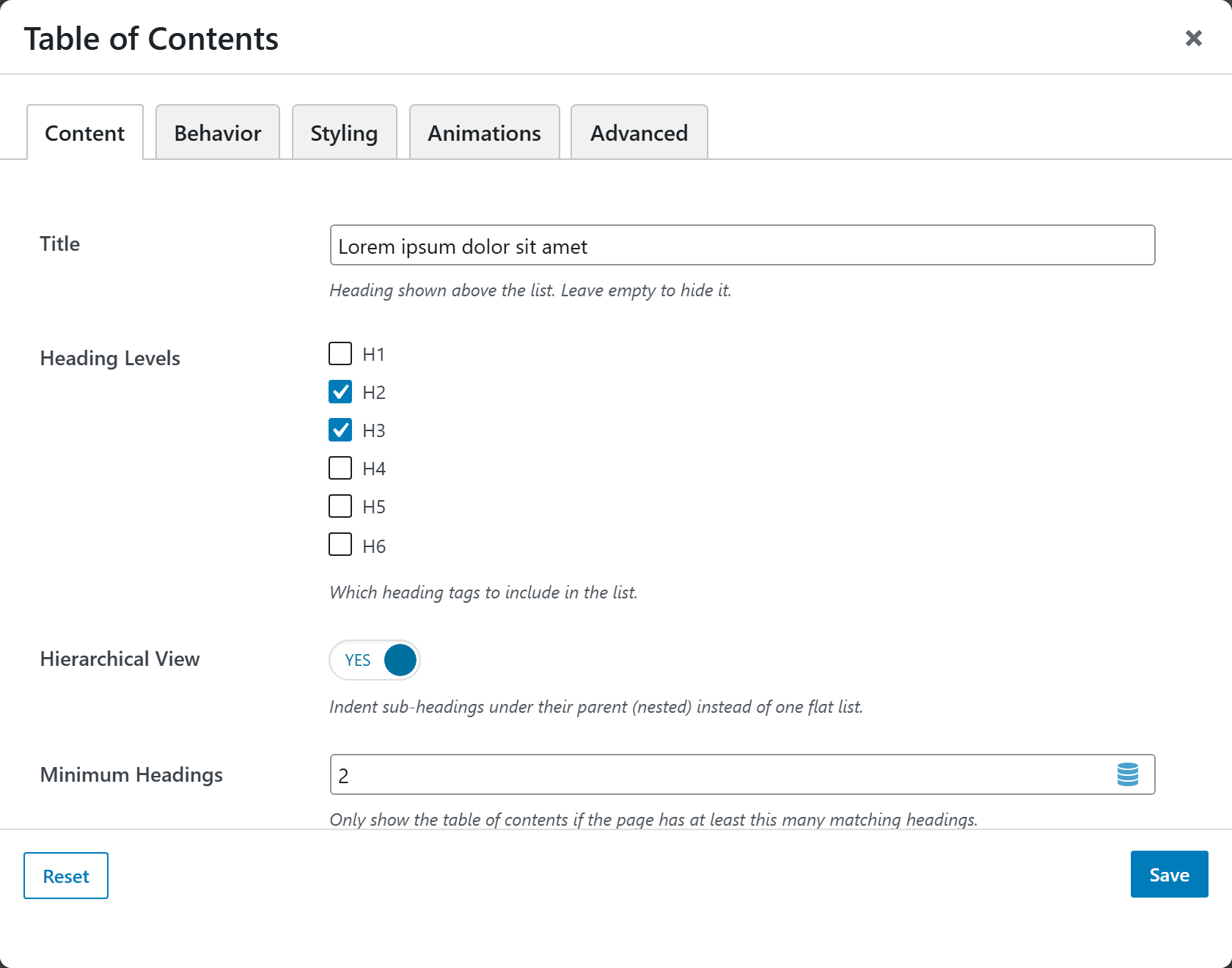 Table of Contents options panel — Content tab