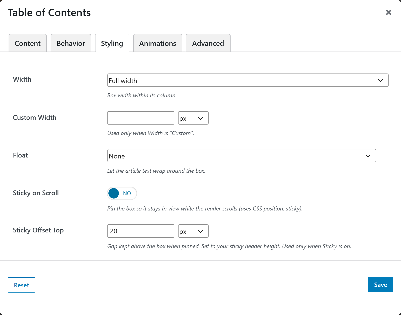 Table of Contents options panel — Styling tab
