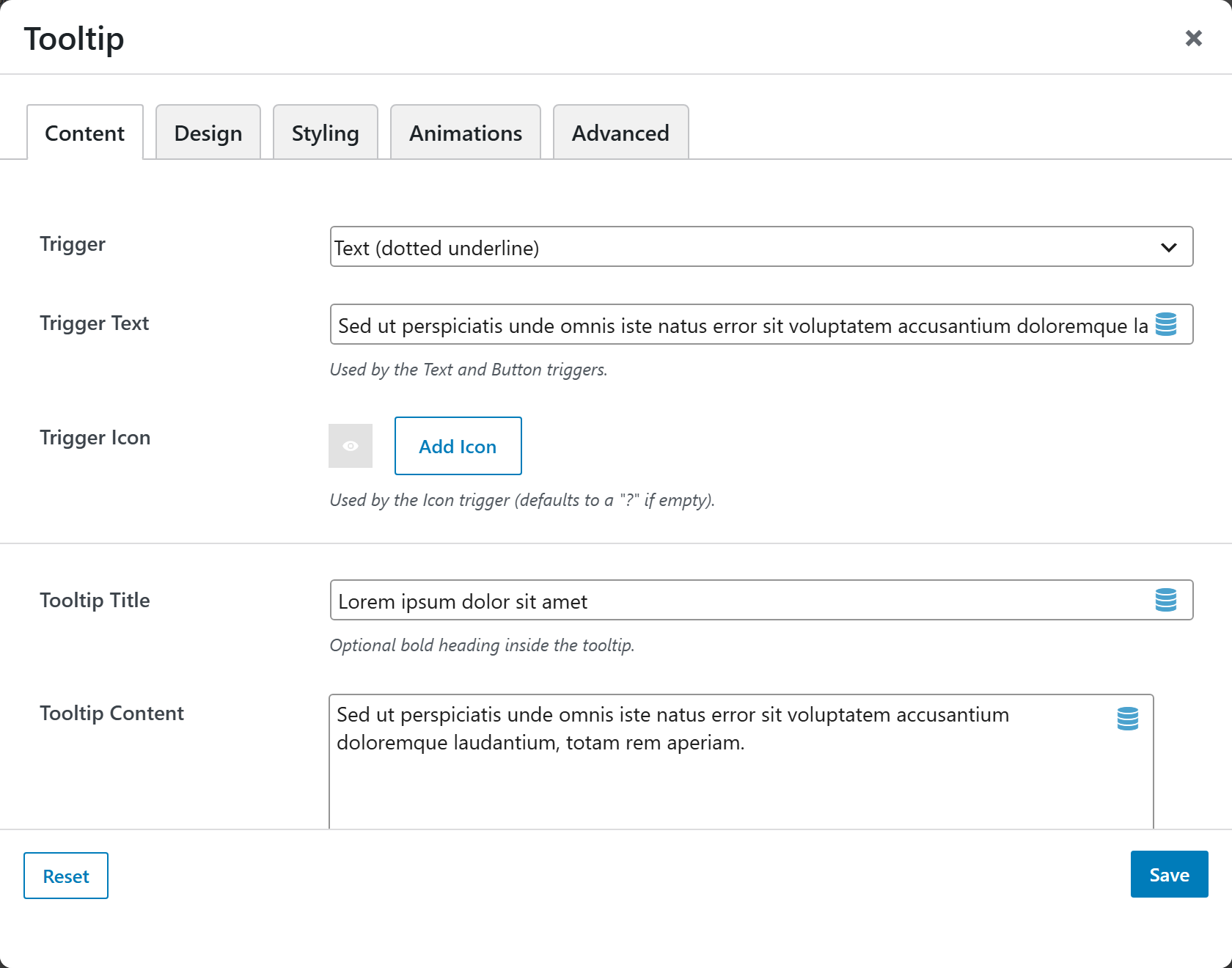 Tooltip options panel — Content tab