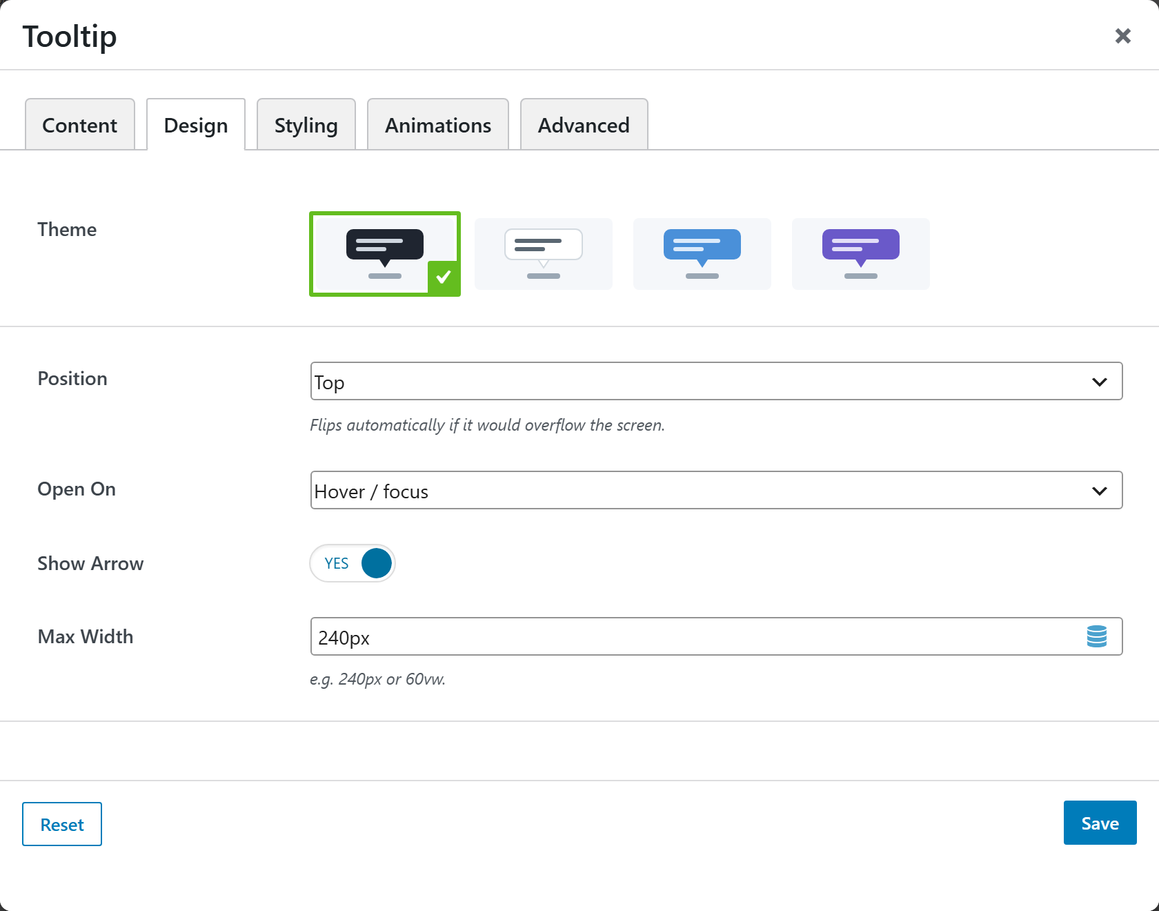 Tooltip options panel — Design tab