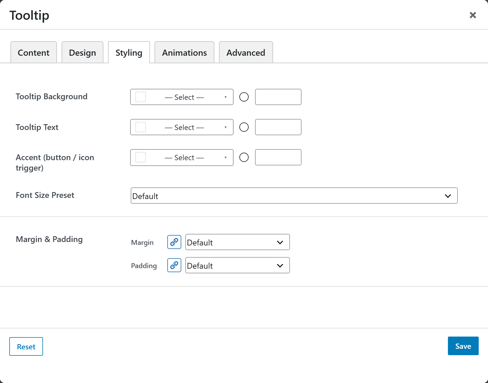 Tooltip options panel — Styling tab