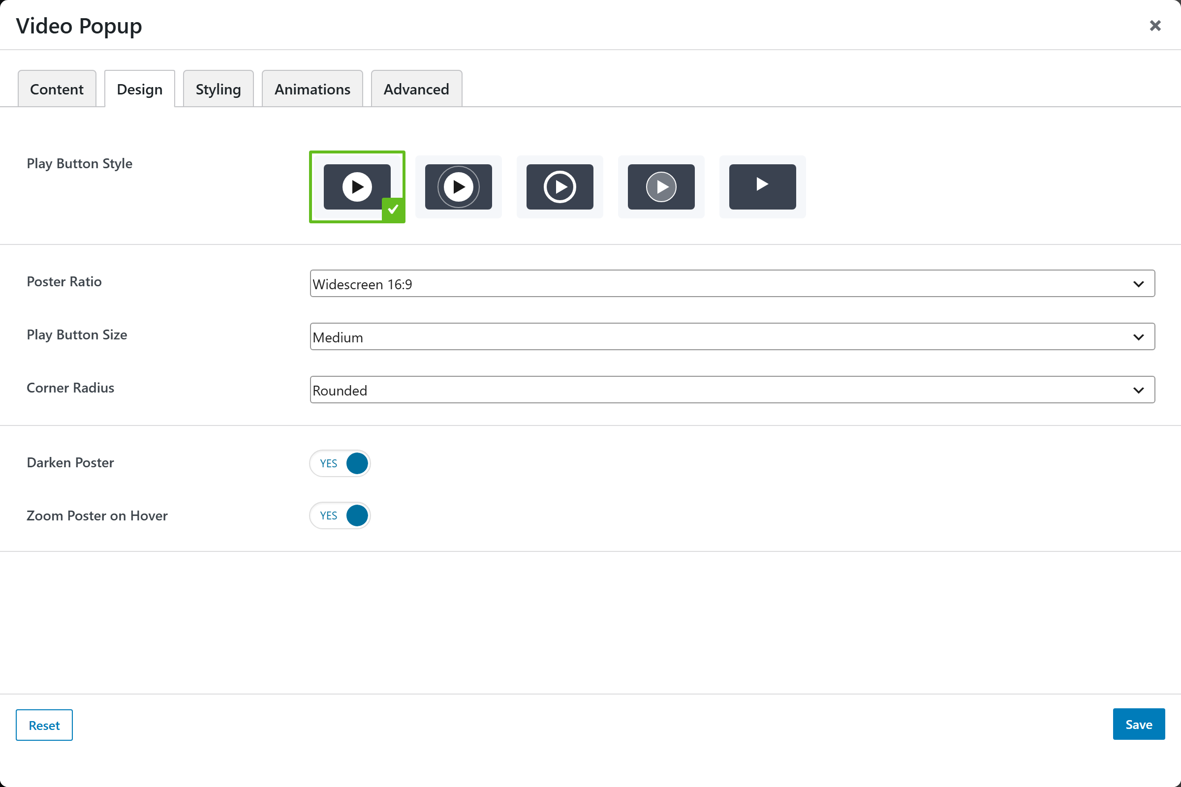 Video Popup options panel — Design tab