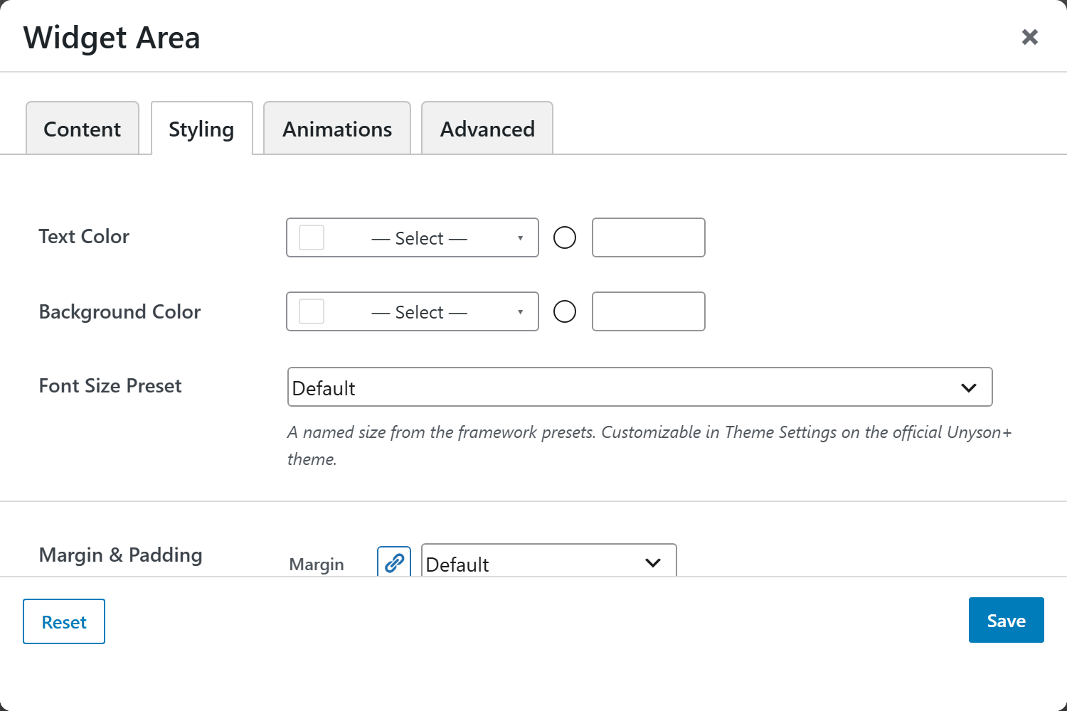 Widget Area options panel — Styling tab