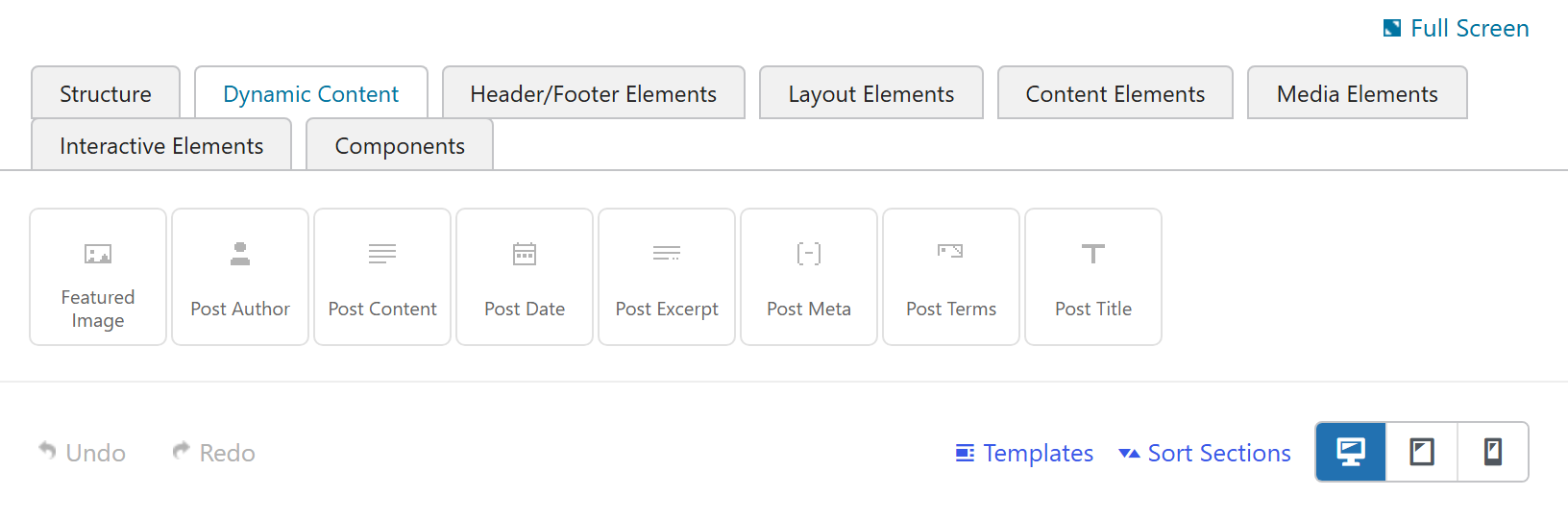 The Dynamic Content tab in the element palette — Post Content, Post Title, Featured Image and more