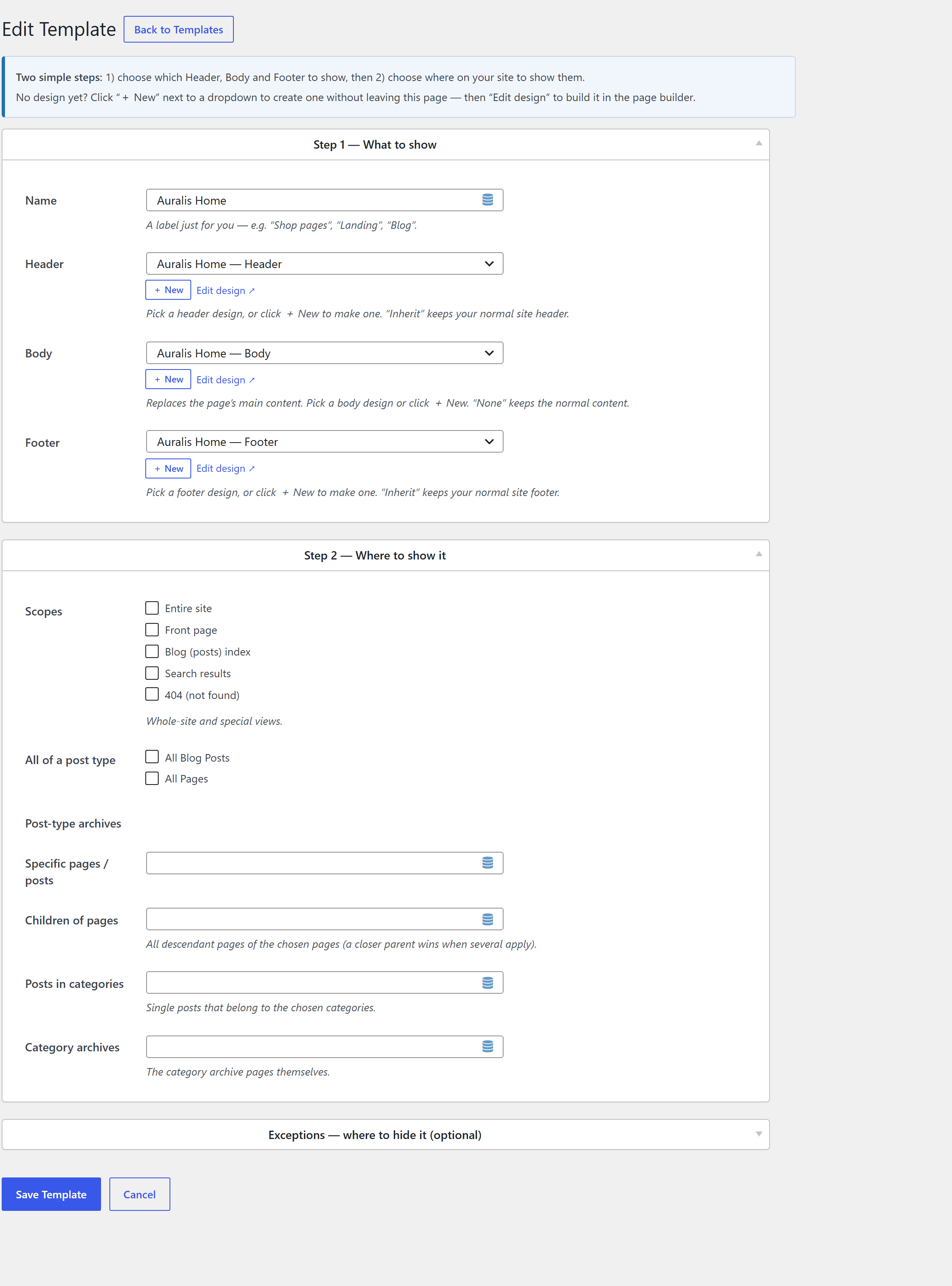 The Edit Template form — Step 1 (Header/Body/Footer) and Step 2 (Where to show it)