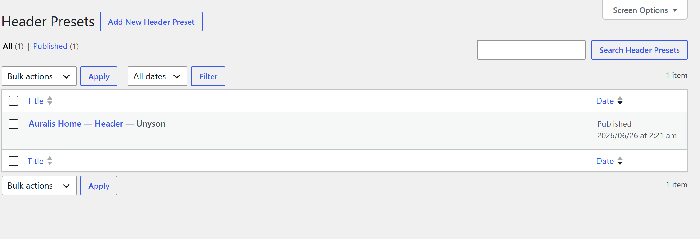 The Header Presets list under the Theme Builder menu