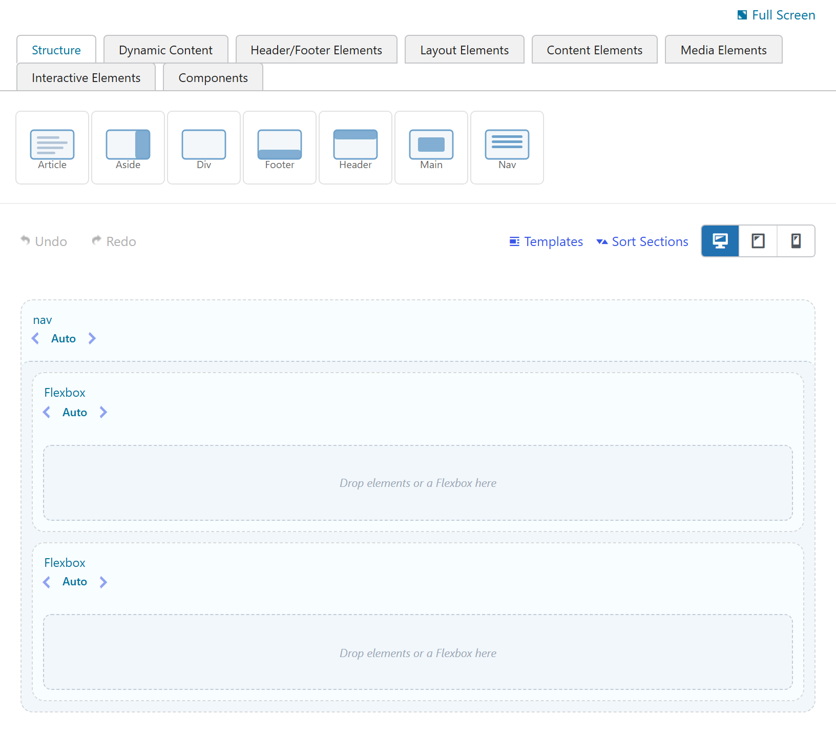 A header preset open in the page builder, laid out with flexboxes