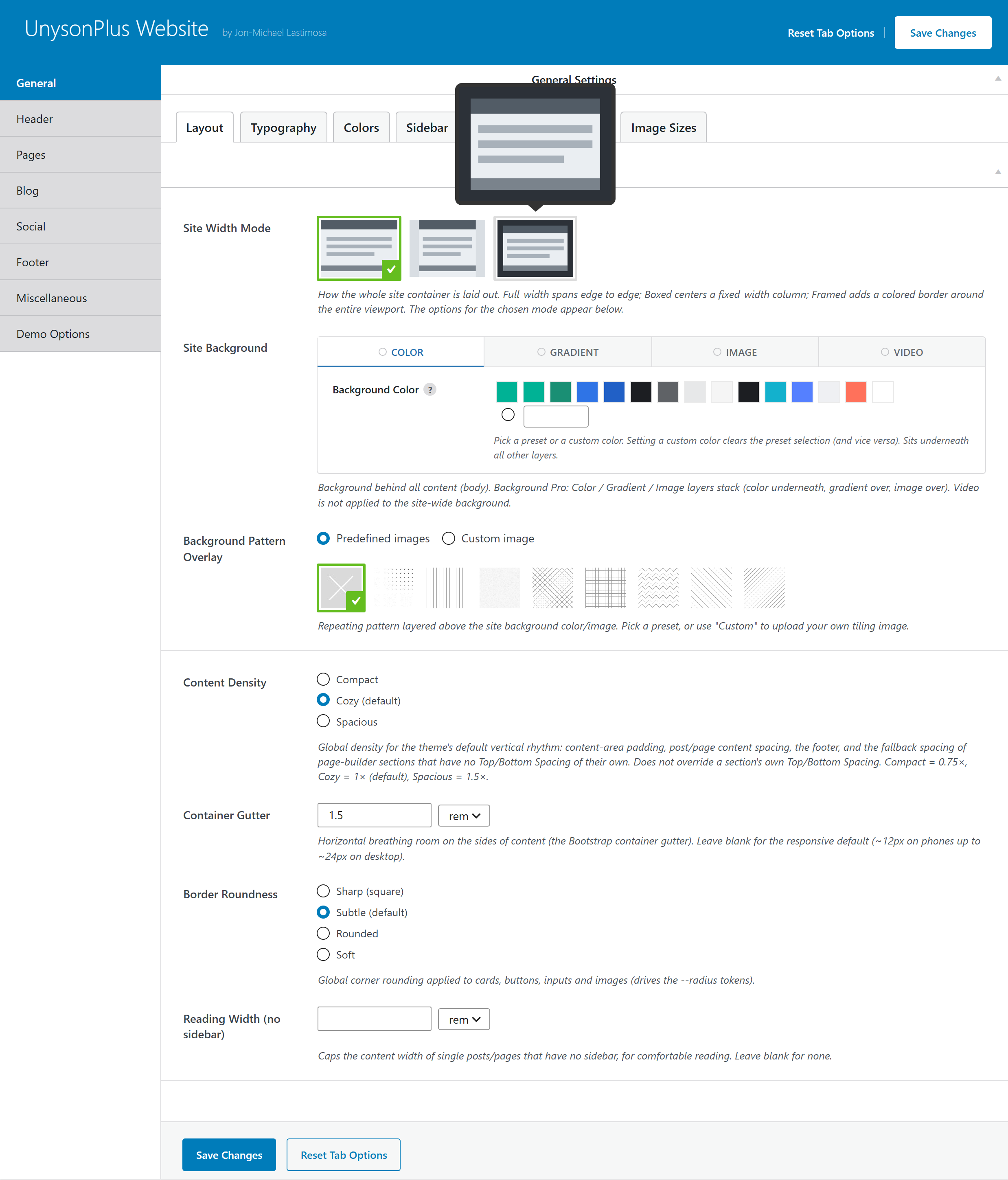 Theme Settings — General tab (site width, background, content density, container gutter, border roundness)