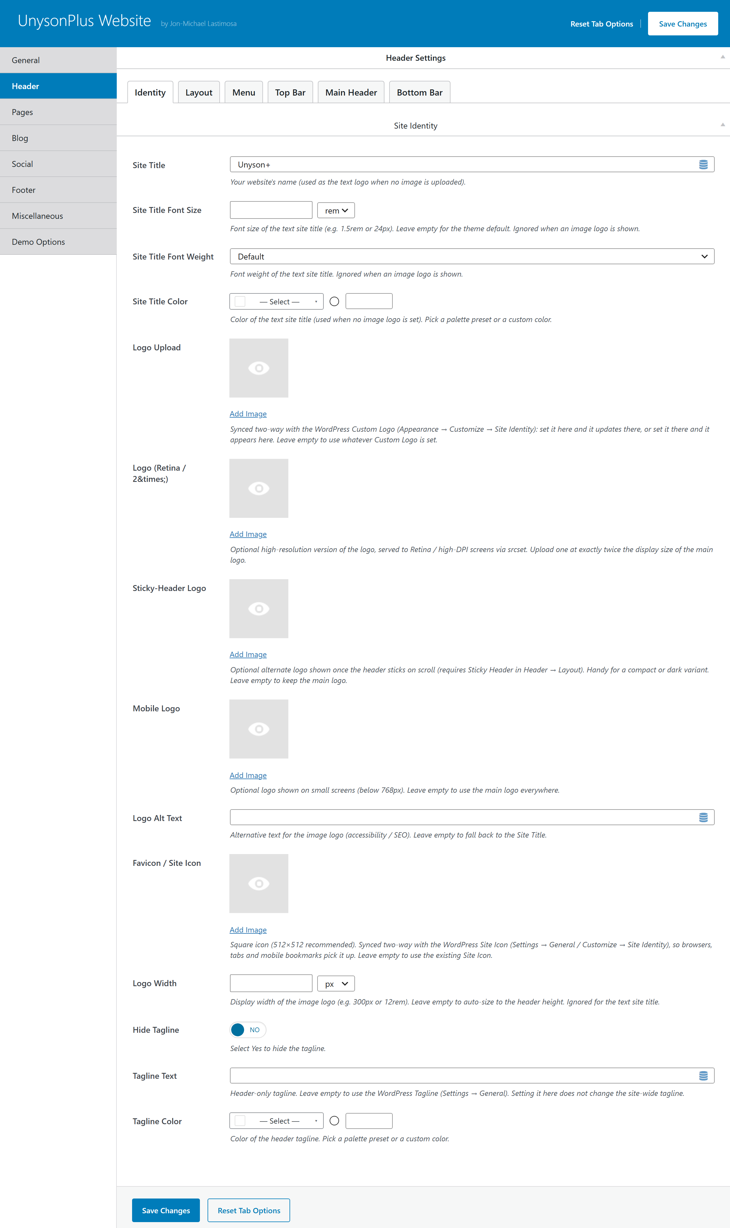 Theme Settings — Header tab, Identity sub-tab (site title, logo uploads, favicon, tagline)