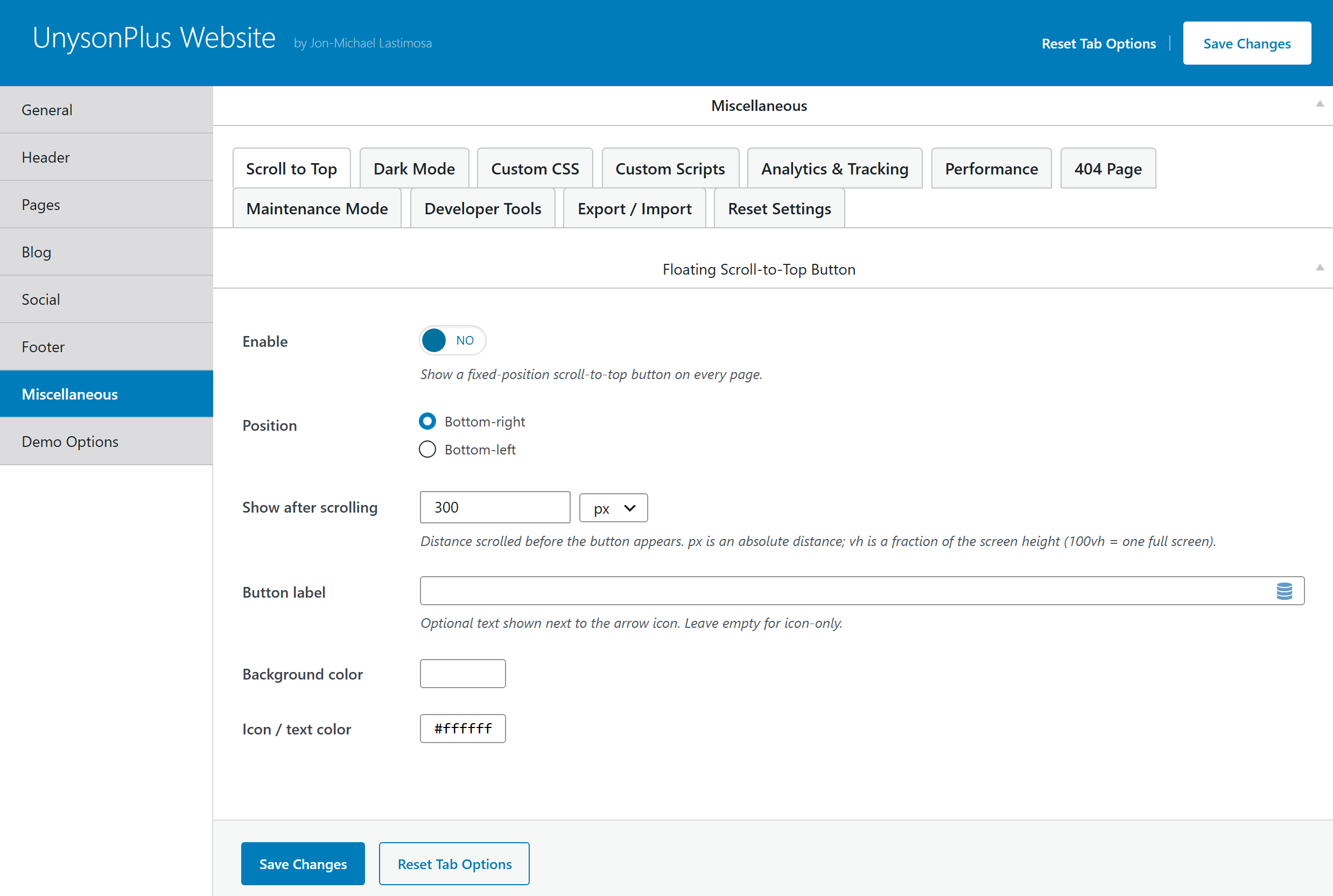 Theme Settings — Miscellaneous tab (global Custom CSS, scripts, and the design Export / Import control)